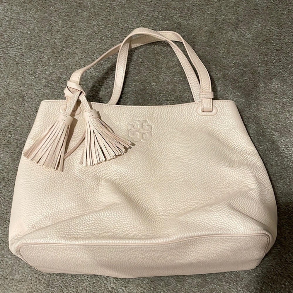 Tassel Tote Handbag in Pale Pink - Designer Embossed Logo